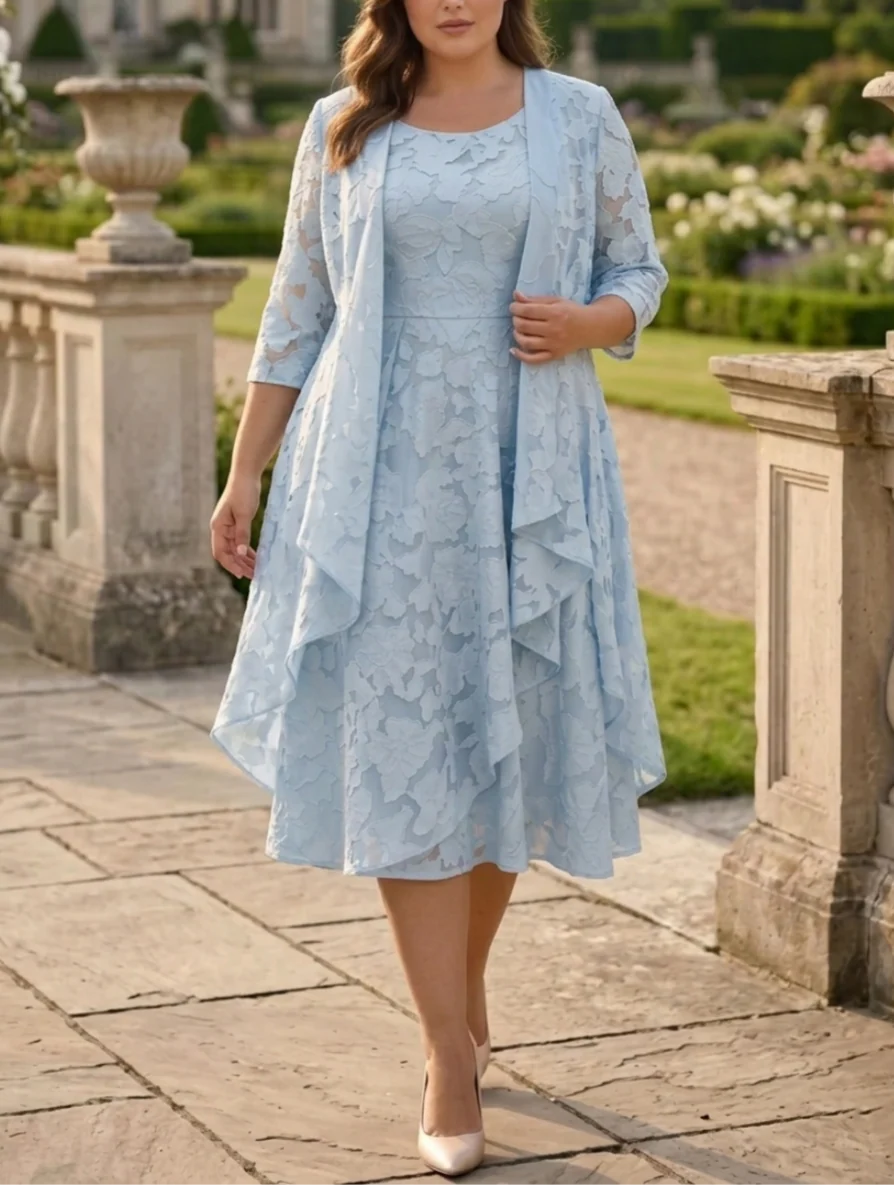 3/4 Sleeve Plus Size Tea Length Mother of the Bride Dress — The Vivienne Fern | Guest & Gown