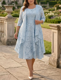 3/4 Sleeve Plus Size Tea Length Mother of the Bride Dress — The Vivienne Fern | Guest & Gown
