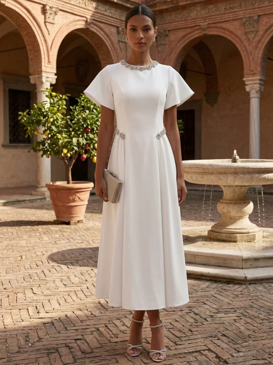 White Short Sleeve Dress — The Goldie Seraphine | Guest & Gown