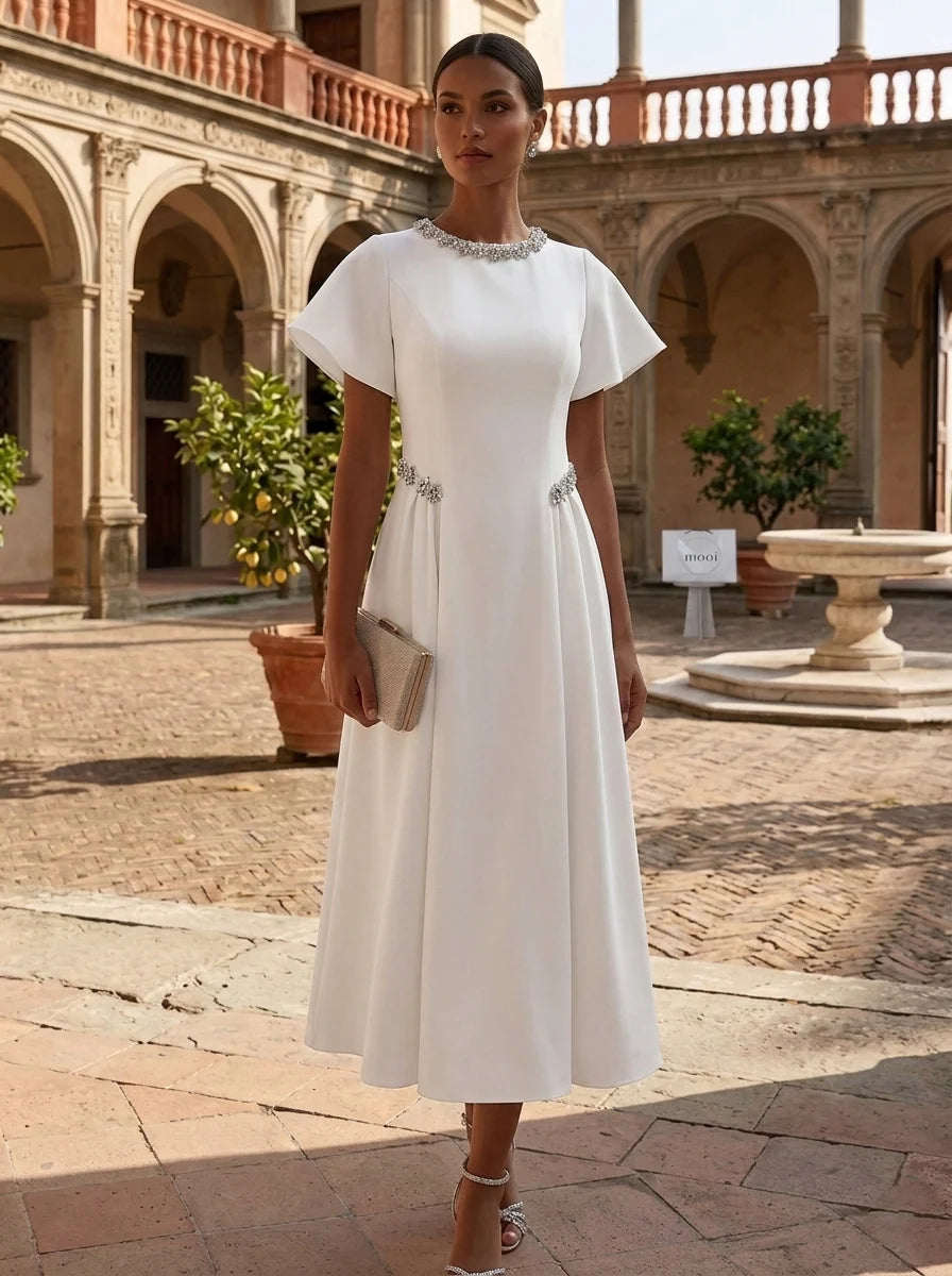 White Short Sleeve Dress — The Goldie Seraphine | Guest & Gown